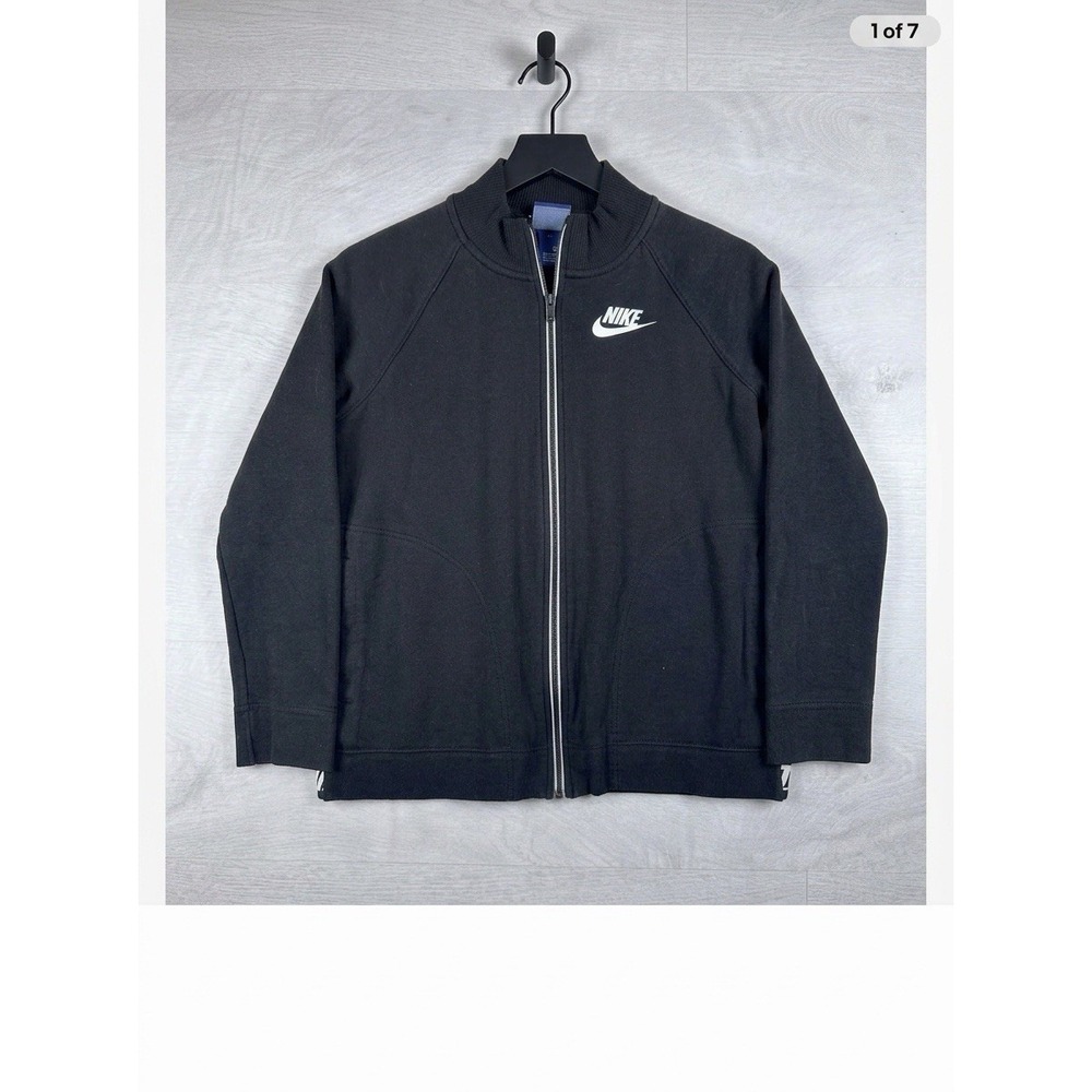 Nike Track Jacket Womens Small Black Full Zip Repeating Logo Back Hem Swoosh